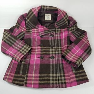 Old Navy plaid pea coat pink black 6-7